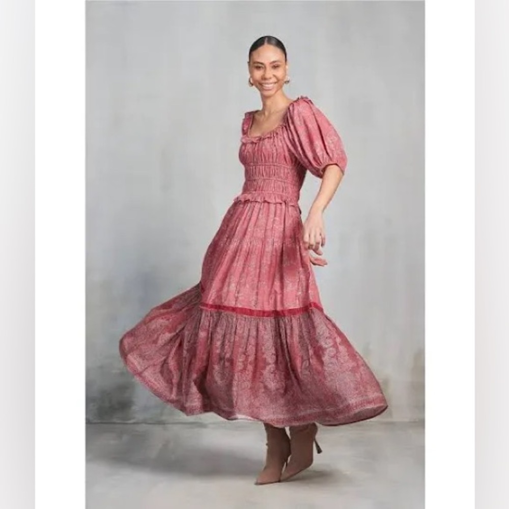 Ro’s Garden Percy Woven Baltistan Print Ruffle Trim Square Neck Maxi Dress